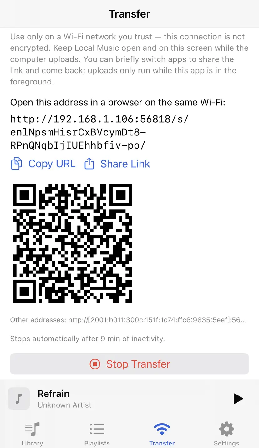 Wi-Fi 傳輸：App 開一個區域網路的上傳頁面，掃 QR Code 就能從電腦丟檔案進來